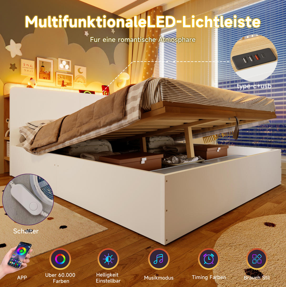 BETT mit Bettkasten 140/200 cm in Weiß/Natur – mit USB-C, LED und Kopfteil - Weiß, Holz (140/200cm) - BEAOK