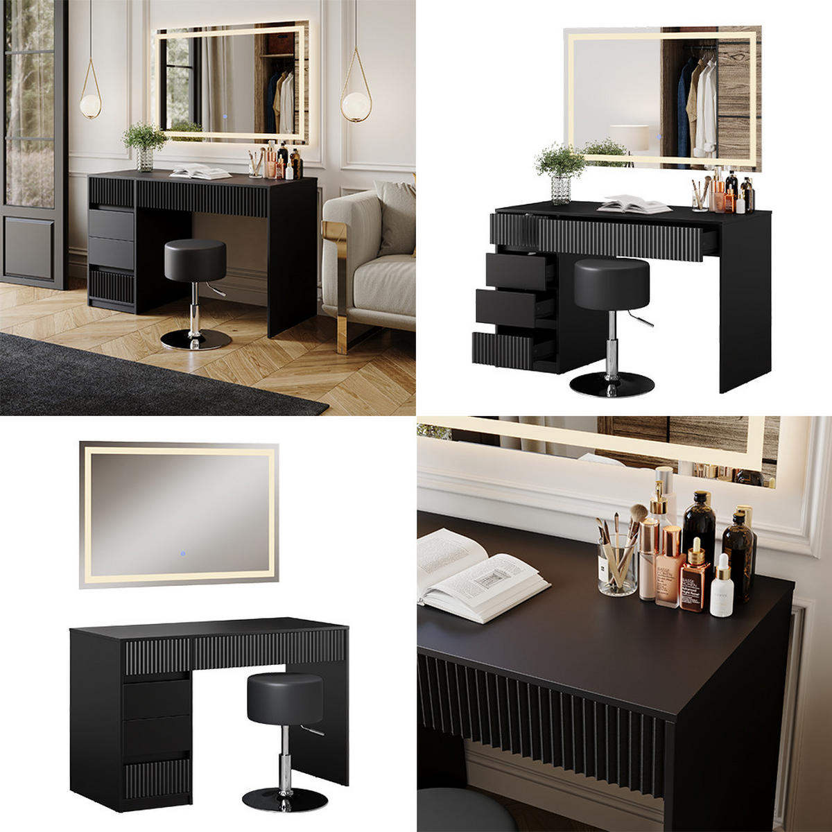 SCHMINKTISCH Omira Schwarz 120 cm mit LED-Spiegel und Hocker - Schwarz, Holzwerkstoff (120/76/55cm) - Vicco