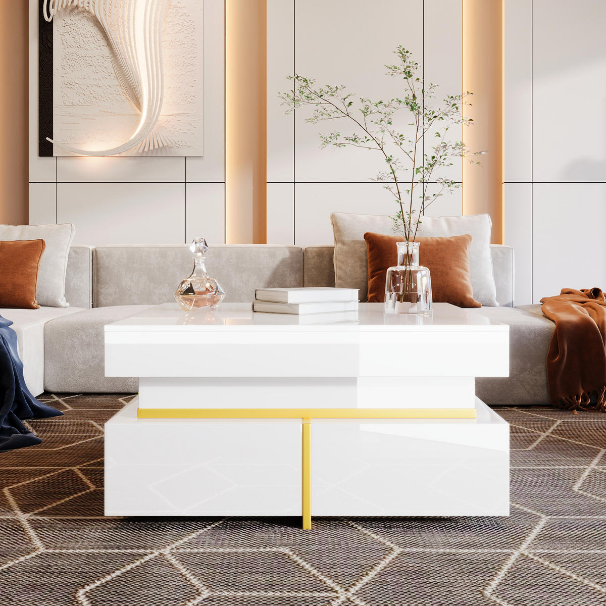 COUCHTISCH mit goldenen akzenten, 2 schubladen & kompaktes design - Weiß, Holzwerkstoff (70/70/35.5cm) - Urban Meuble