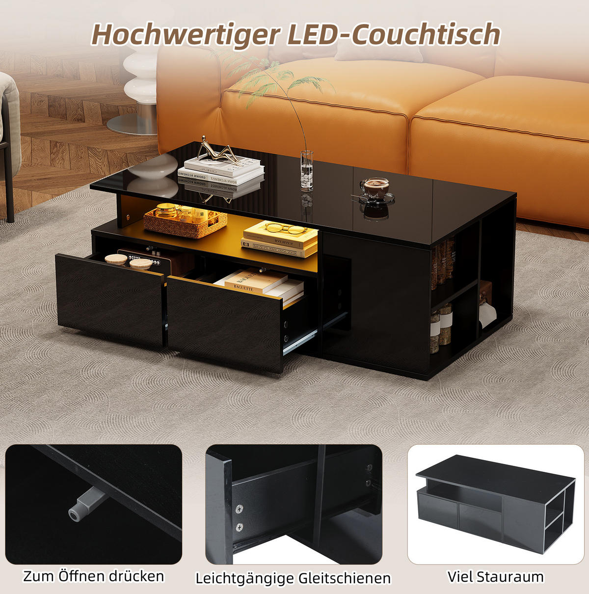 COUCHTISCH aus Spanplatte 100x50x35 cm Schwarz mit LED-Beleuchtung und 2 Schubladen - Schwarz, Holzwerkstoff (100/50/35cm) - IVMEU