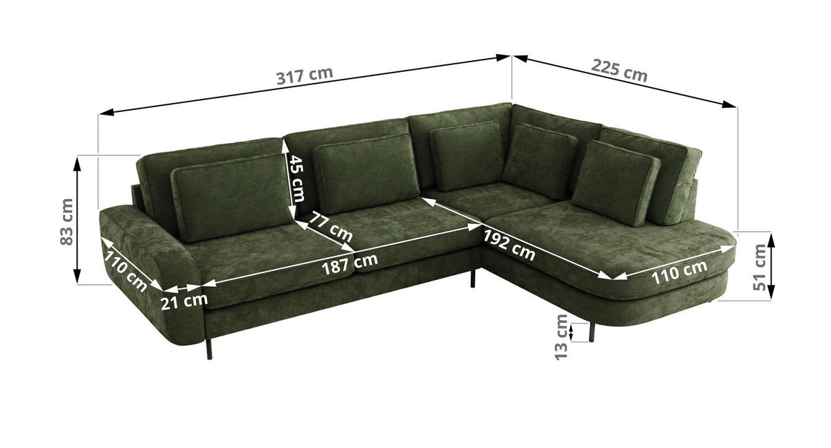 ROHOVÁ SEDAČKA CALENO L - Tmavě zelená Hrubě tkaná žinylka - Levá Strana - černá/tmavě zelená, kov/textil (317/225cm) - MKS