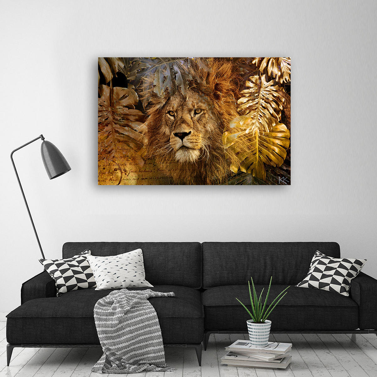 LEINWANDBILD Löwe und Monstera Goldene Blätter - Braun, Textil (90/60cm) - Feeby