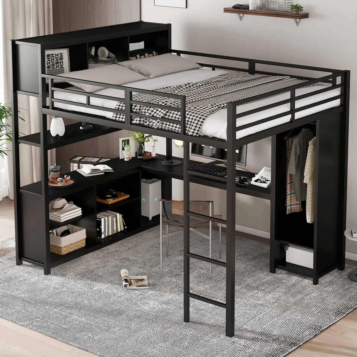 HOCHBETT 140/200 cm aus Metall und Holzwerkstoff mit Schreibtisch und Kleiderschrank - Schwarz, Metall (90/200cm) - Flora Grace