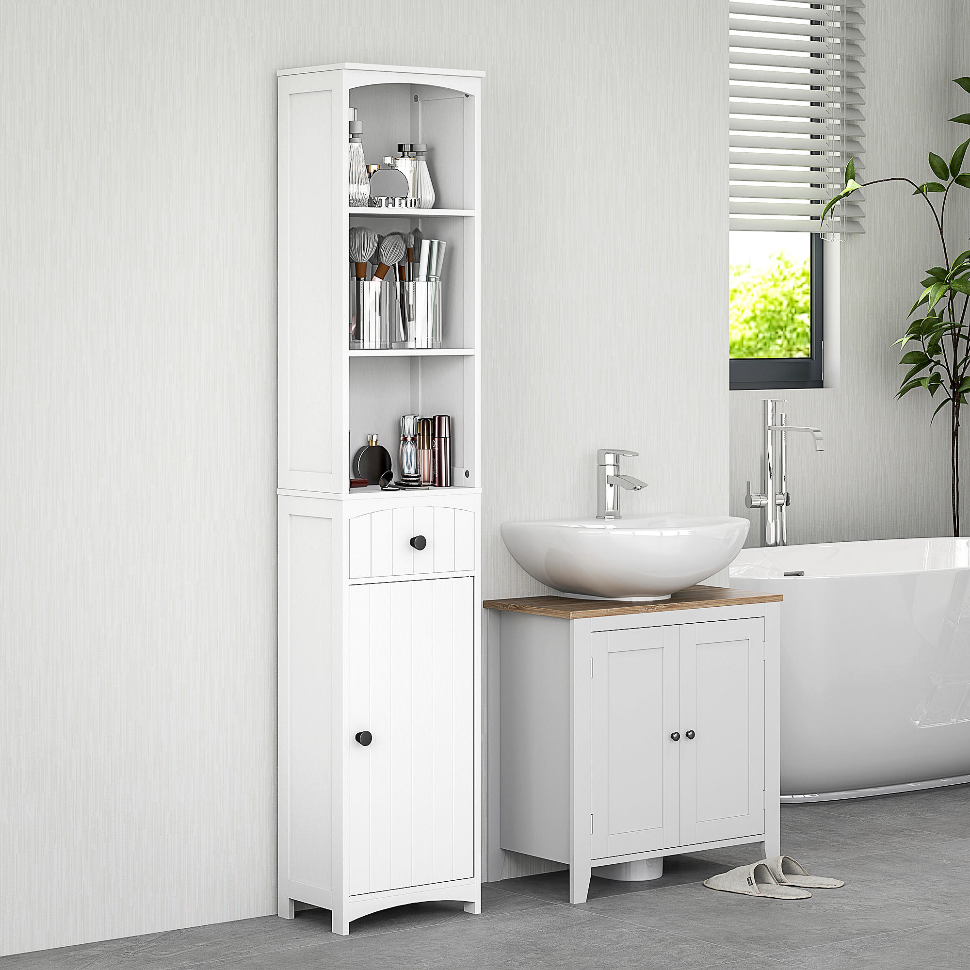HOCHSCHRANK mit 3 Regalen, 1 Schublade, Weiß, 34x24x170,5cm - Weiß, Holz (34/170.5/24cm) - HOMCOM
