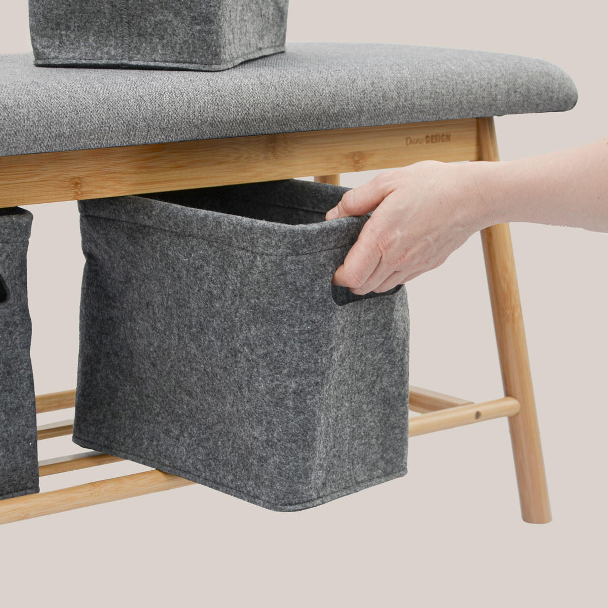 BAMBUS-SITZBANK 90/34/44 mit 3 Filzkörben - Braun, Kunststoff (90/44/90cm) - Dunedesign