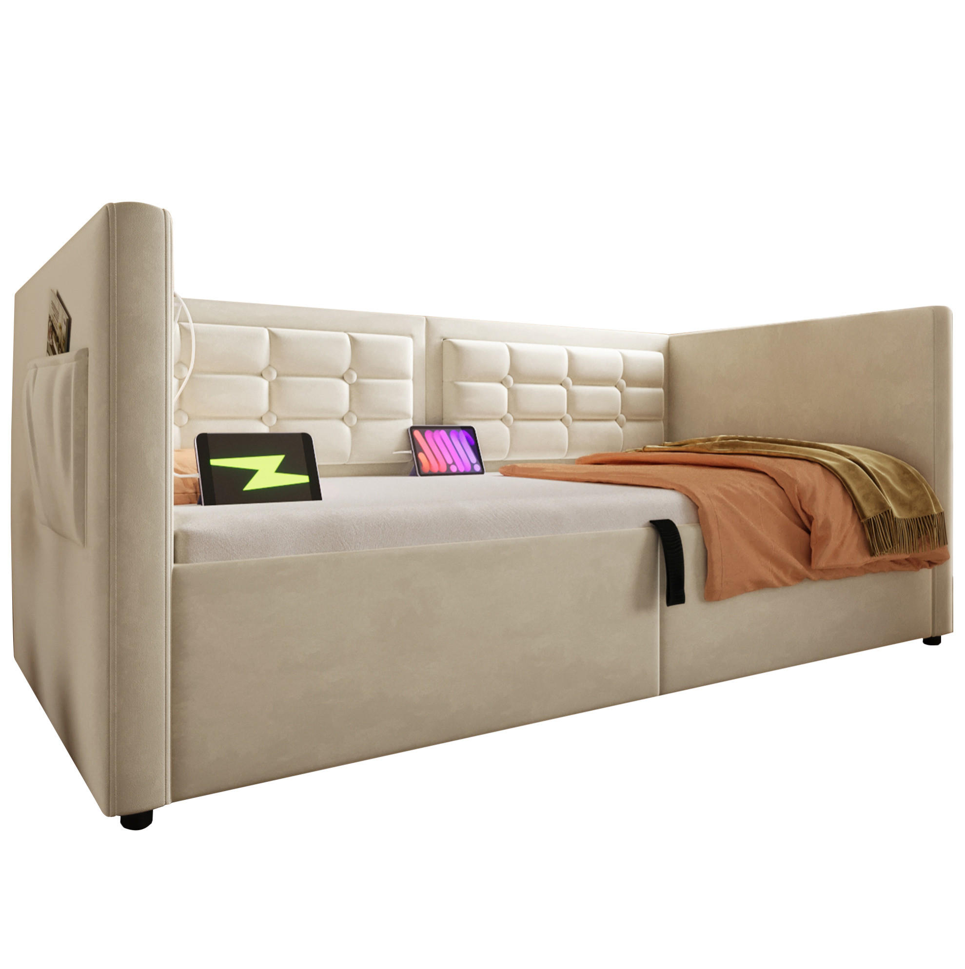 POLSTERBETT aus Samt 90x200 cm in Beige mit USB-C Ladestation & Stauraum - Beige, Textil (90/200cm) - Modfu