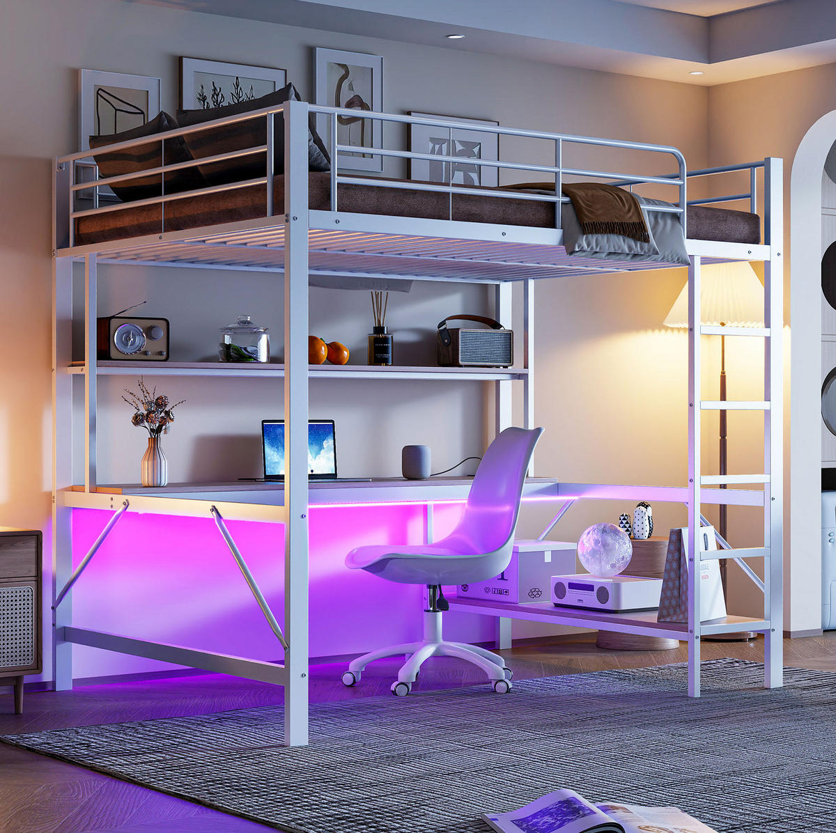HOCHBETT 140/200 cm Weiß mit LED, USB und Steckdose ohne Matratze - Weiß, Metall (140/200cm) - MIVRAY