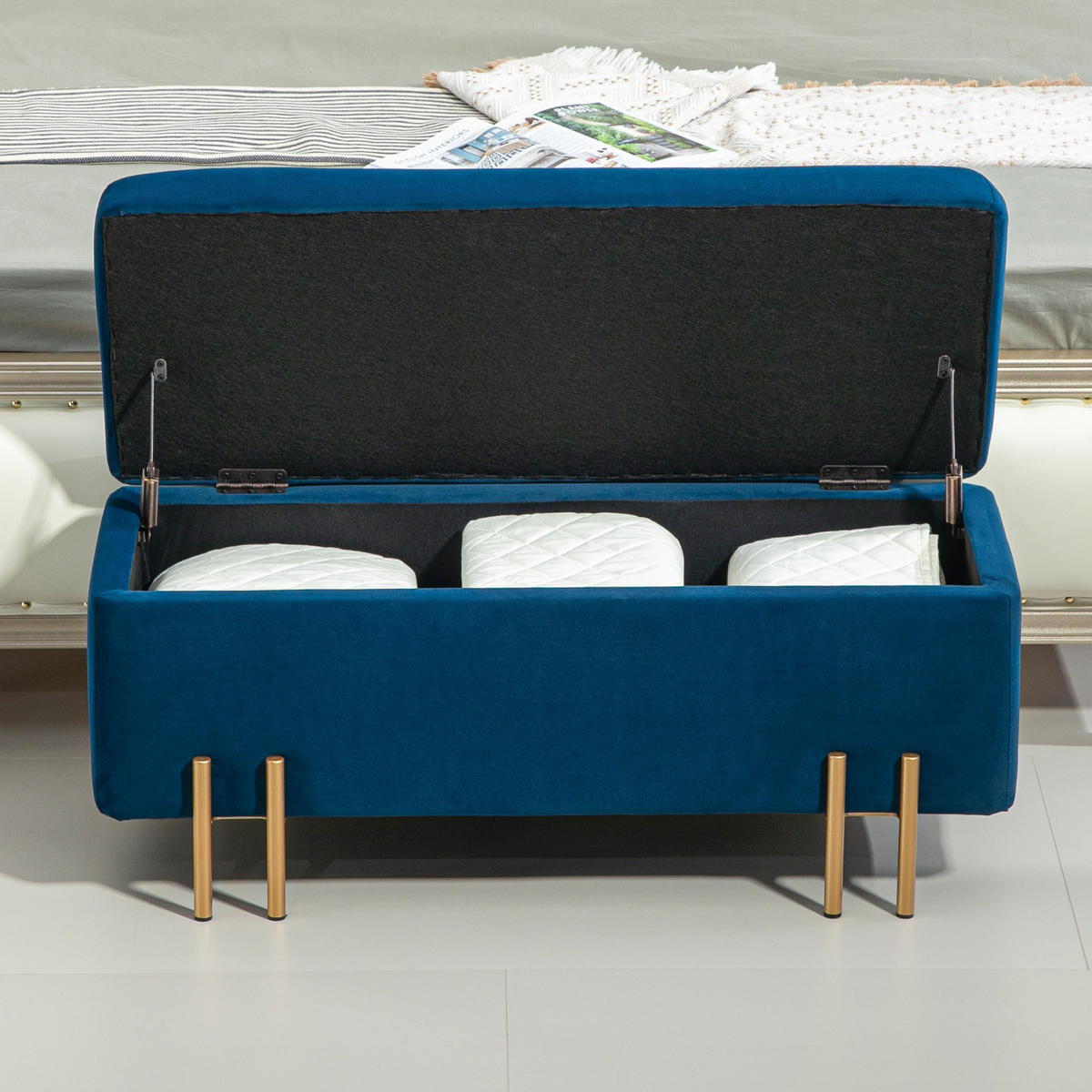 GEPOLSTERTE Sitzbank mit Stauraum, Metall, Kautschukholz, Schaumstoff Dunkelblau - Blau, Textil (40/42/100cm) - HOMCOM