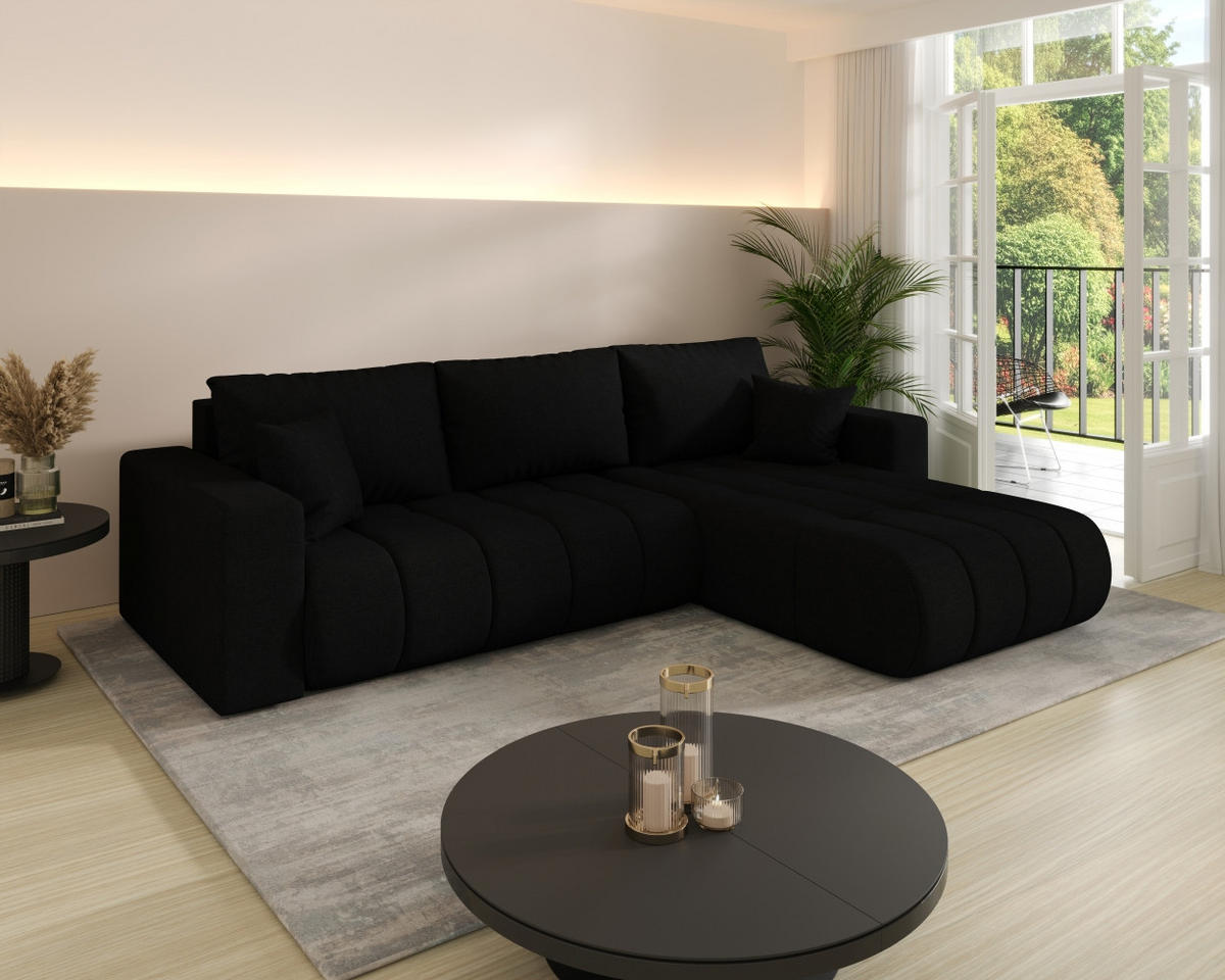ECKSOFA mit schlaffunktion und bettkasten MILO PREMIUM, stoff WIND, Schwarz, Rechts - Schwarz, Holz (280/190cm) - Kaiser Möbel