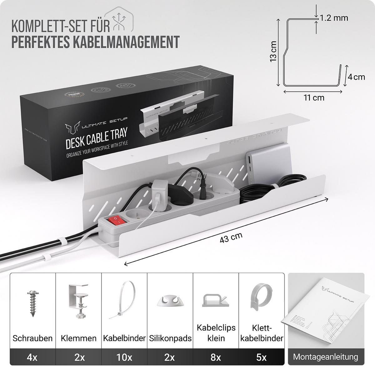 KABELKANAL Schreibtisch - Kabelmanagement Schreibtisch - Weiß, 1er-Set - Weiß, Metall (43/11/13cm) - Ultimate Setup
