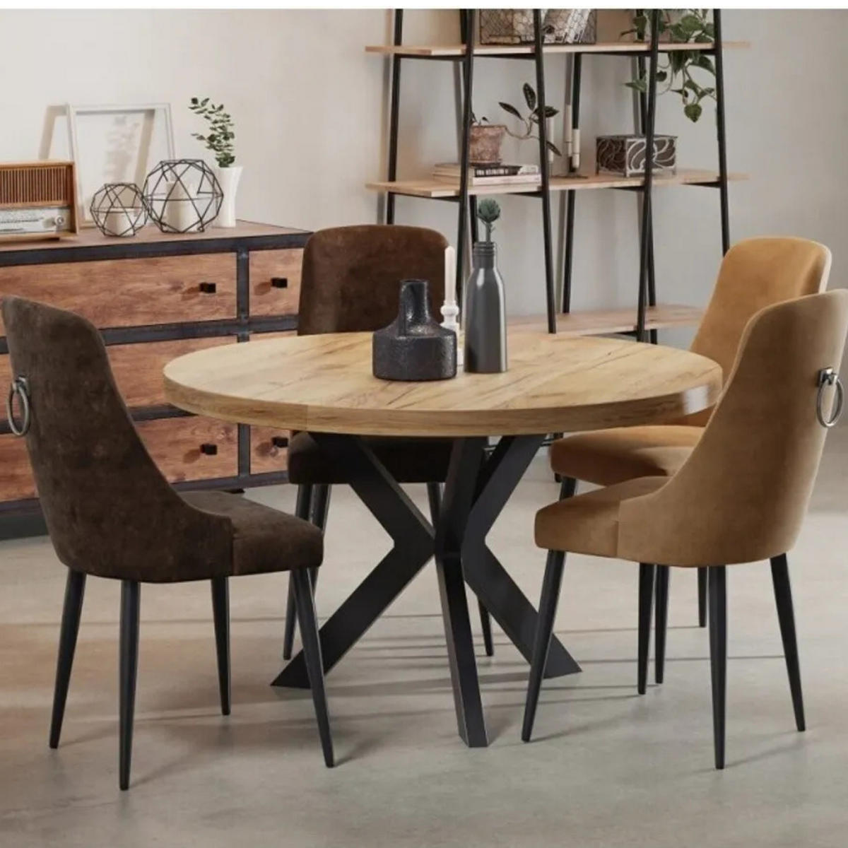 ESSZIMMERTISCH IDA, ausziehbarer Tisch Durchmesser: 90 cm bis 130 cm, Wohnzimmertisch Farbe: Naturbelassen, mit Holzbeinen in Farbe Schwarz - Hellbraun/Schwarz, Holzwerkstoff (90/90/75cm) - Sepro Meble