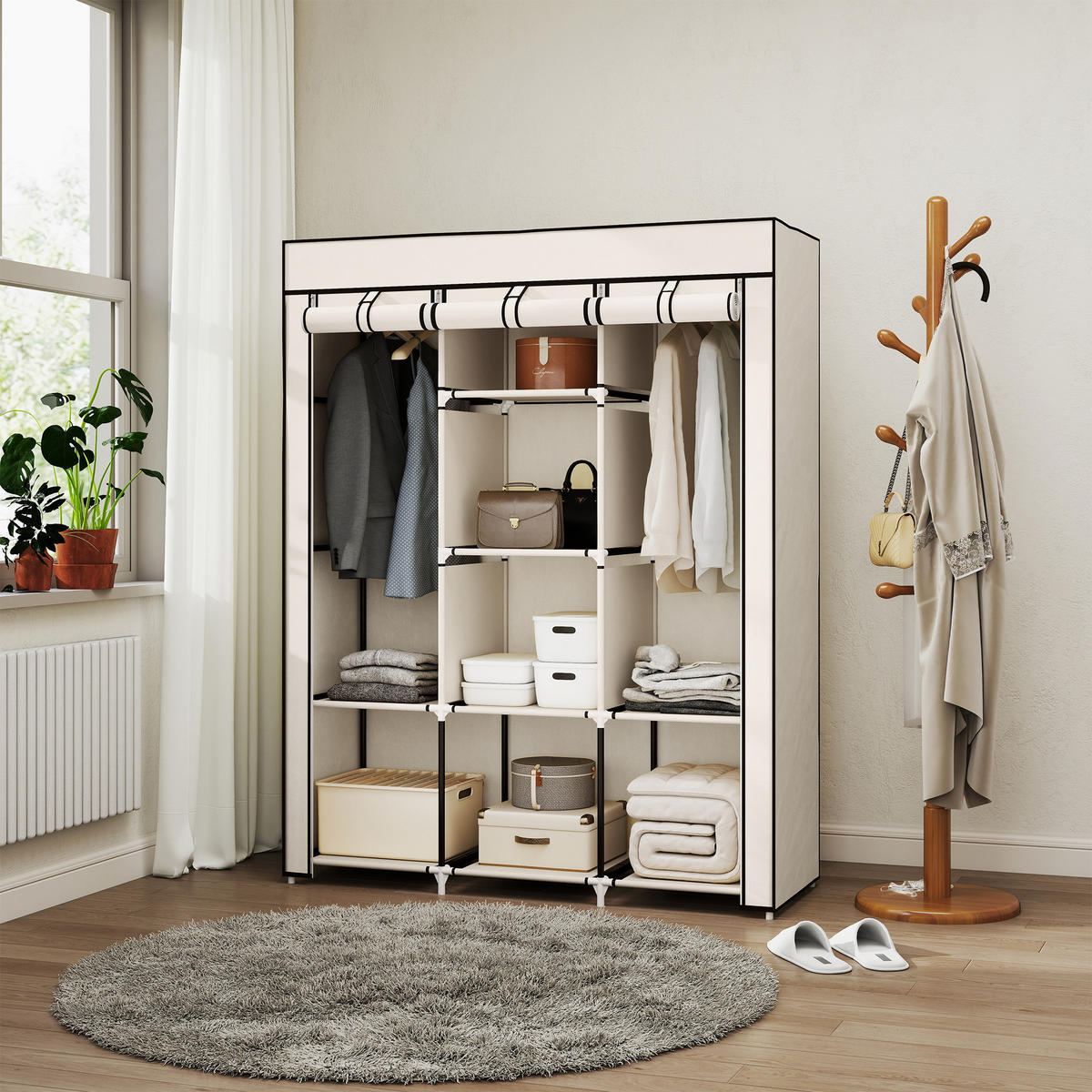 STOFFSCHRANK mit 8 Regalen und 2 Kleiderstangen, praktische Aufbewahrungslösung für Kleidung, Cremeweiß - Creme, Metall (125/162.5/43cm)
