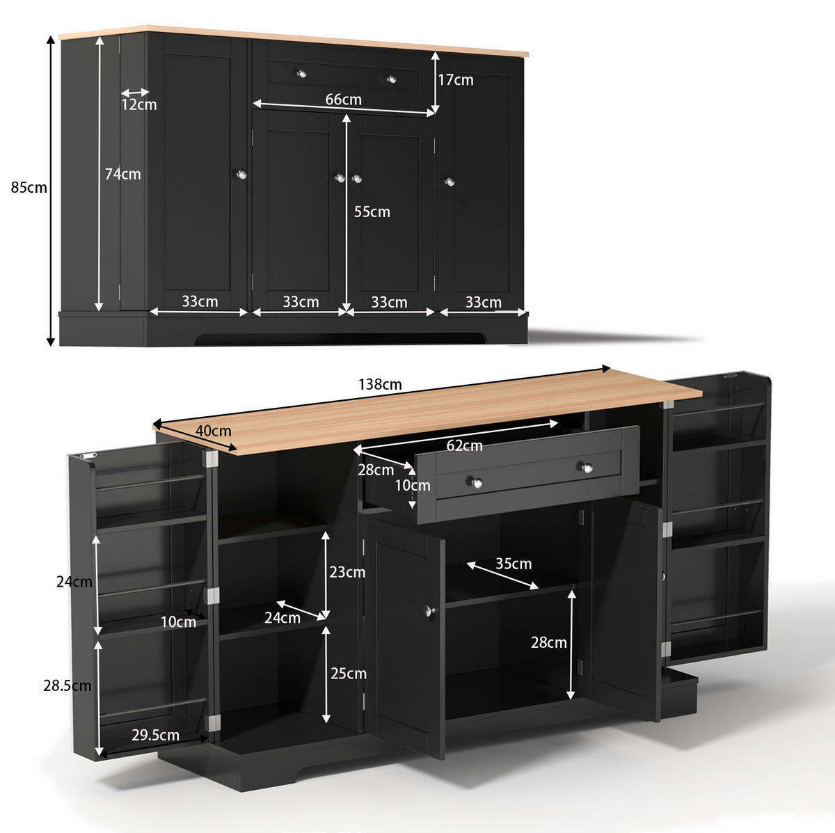 SIDEBOARD 138 cm Schwarz aus MDF mit verstellbaren Einlegeböden - Schwarz, Holzwerkstoff (40/85/138cm) - OKMYHOME