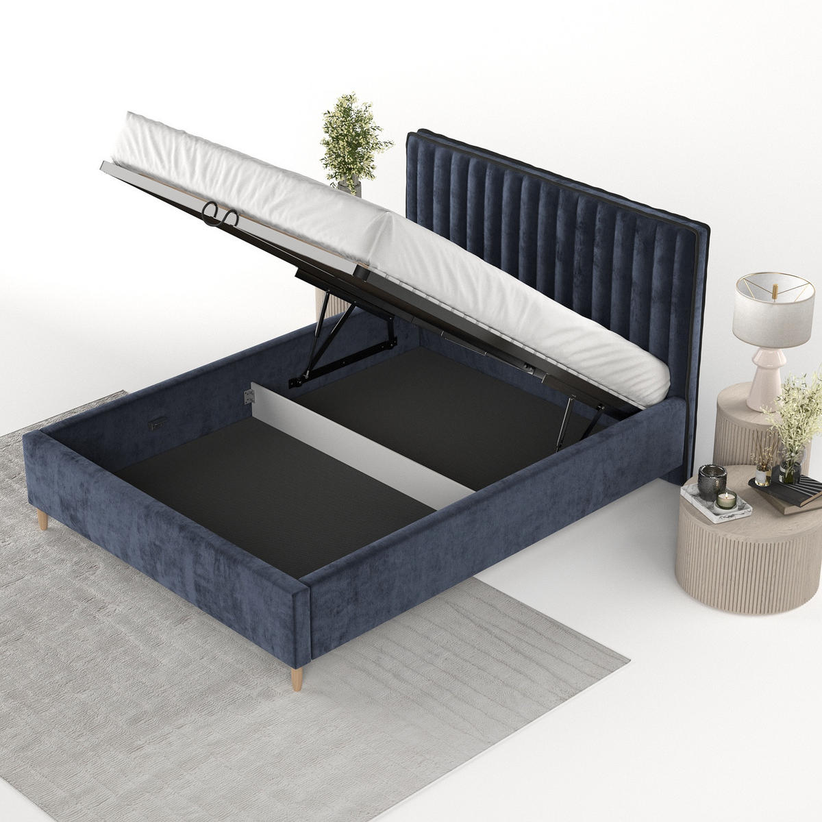 POLSTERBETT Aria 180/200 cm Marineblau im Lotta Stoff - Naturfarben/Dunkelblau, Holz/Holzwerkstoff (180/200cm) - AltaBeds