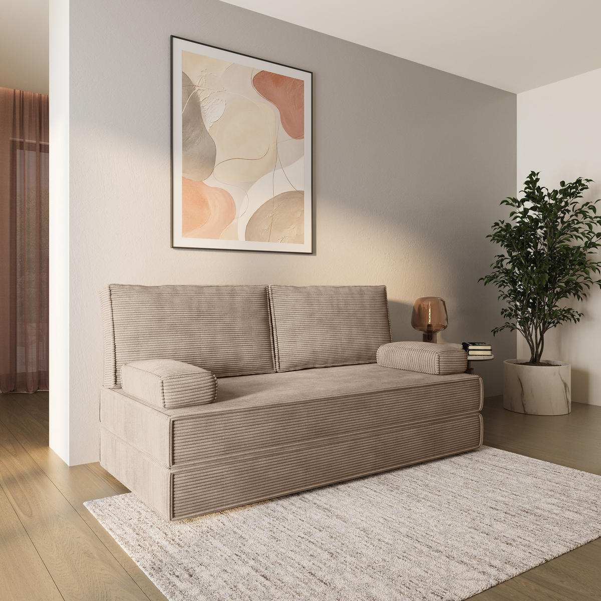 BETTSOFA SILAR aus Schaumstoff Cordstoff Beige Schlaffunktion - Beige, Textil (170/86/80cm) - MASSENO
