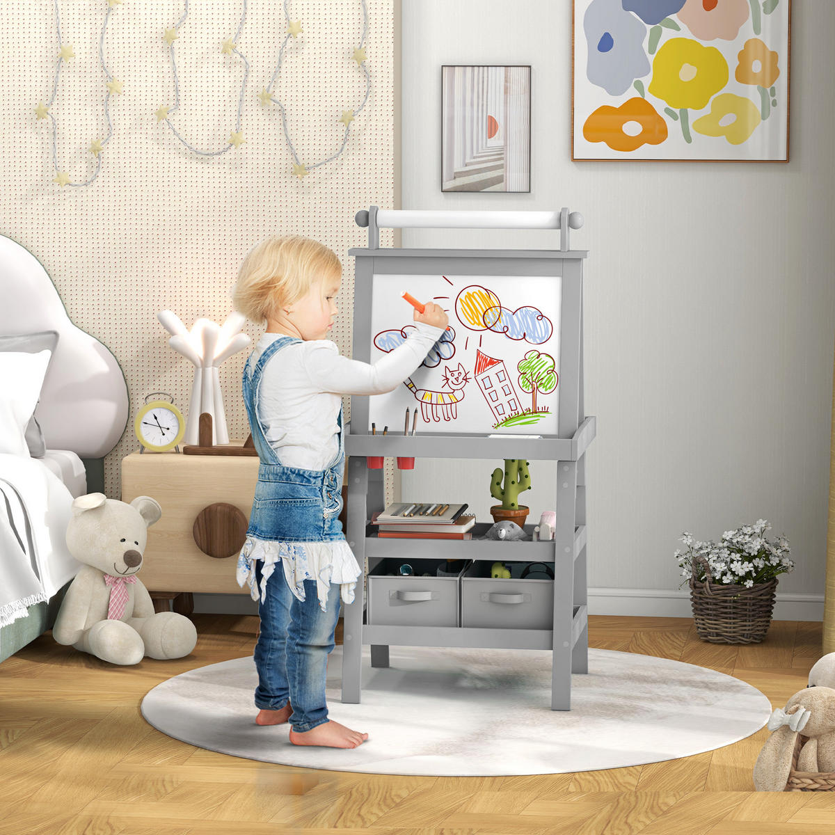 MALTAFEL DE-18186 3-in-1 mit Magnet- & Kreidetafel Grau - Grau, Holzwerkstoff (48/118/59cm) - ComfortXL
