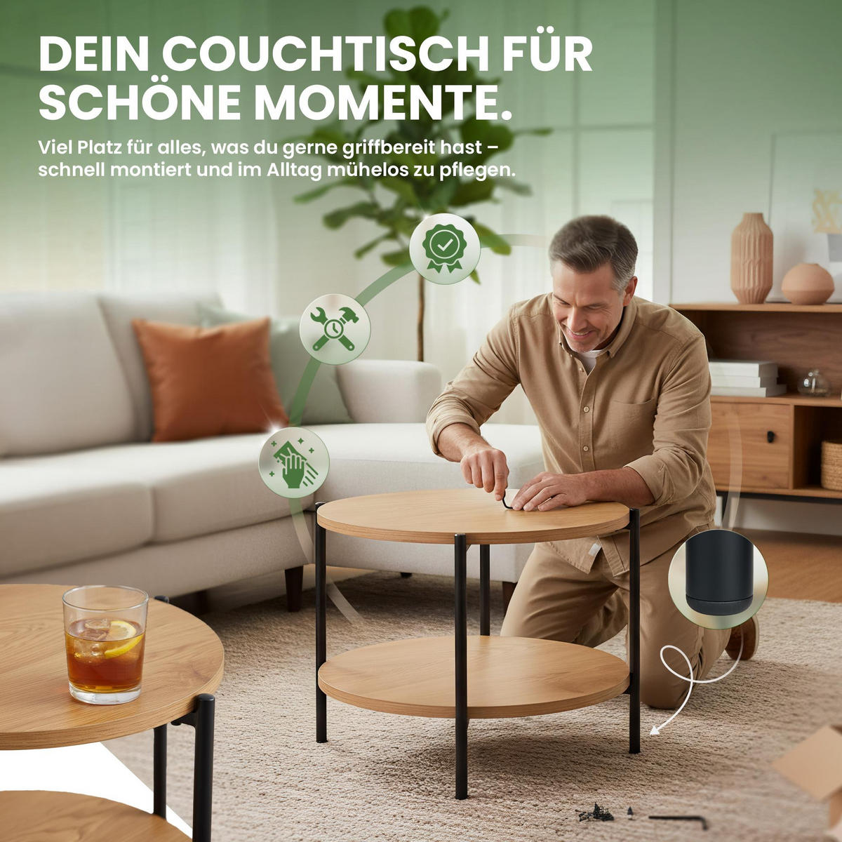 COUCHTISCH rund 50 cm Holz Natura - Eukalyptusholzfarben/Schwarz, Holz/Metall (50/50/40cm) - CLP