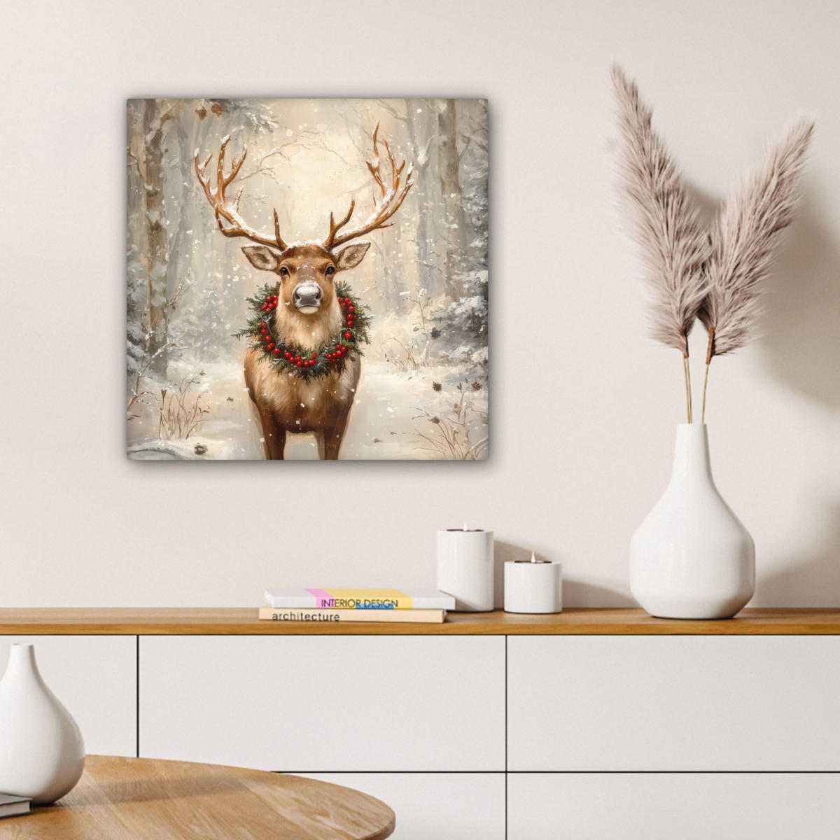 LEINWANDBILD Weihnachten - Rentier - Winter - Kranz 50x50 cm - Naturfarben, Textil (50/50cm) - MuchoWow