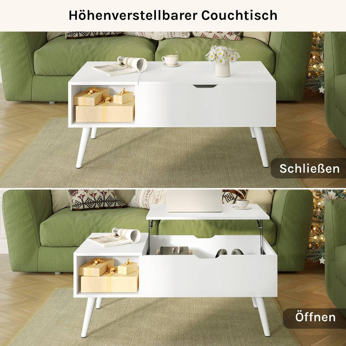 COUCHTISCH höhenverstellbar(47-53 cm), mit Stauraum, Weiß - Weiß, Holzwerkstoff/Metall (50/100/43cm) - Woltu