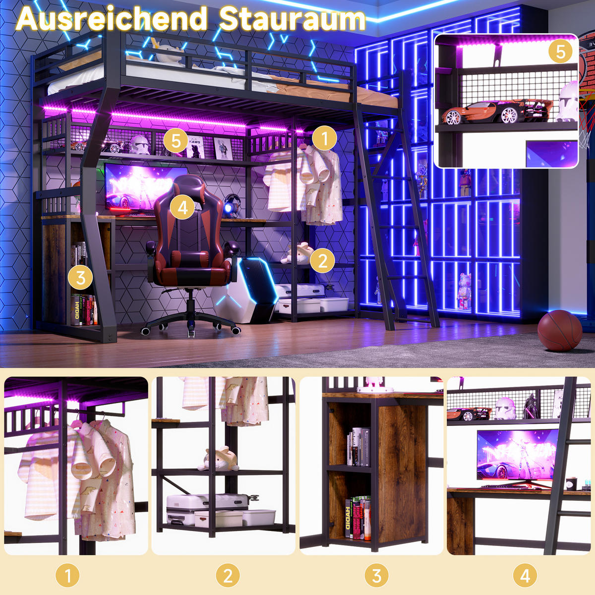HOCHBETT 90/200 cm in Schwarz mit LED, Steckdose, Kleideraufhängung, Schreibtisch und Staufächern - Schwarz, Holzwerkstoff/Metall (90/200cm) - STILVORA
