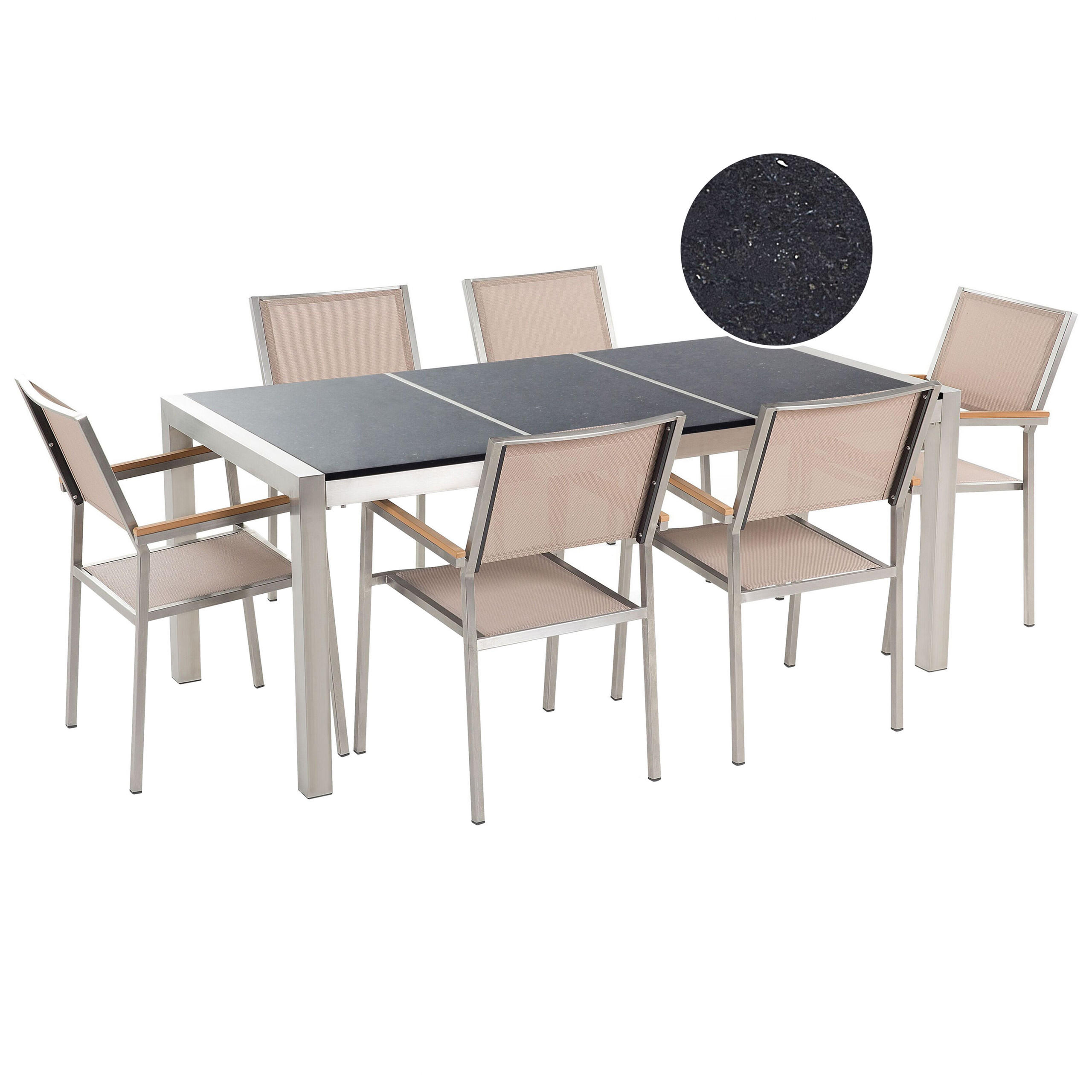 GARTENMÖBEL SET 6-Sitzer Naturstein schwarz poliert beige Grosseto - Beige/Silberfarben, Metall - Beliani