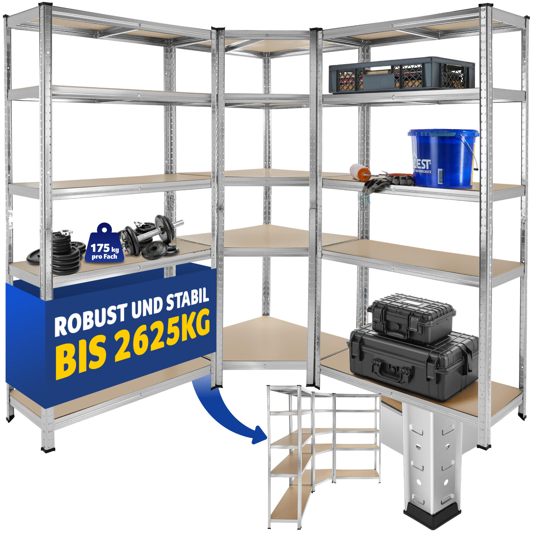 SCHWERLASTREGALSYSTEM Gustav,variable Montage im Stecksystem,silber - Silberfarben, Metall (165/180/165cm) - tectake