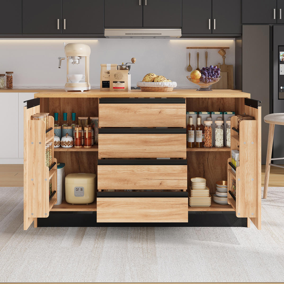 KÜCHENINSEL 140/50/90 cm Natürlich mit 4 Schubladen, ausklappbarer Arbeitsplatte und 2 Schränken - Silberfarben/Weiß, Holz/Holzwerkstoff (80/90/140cm) - Oxeza