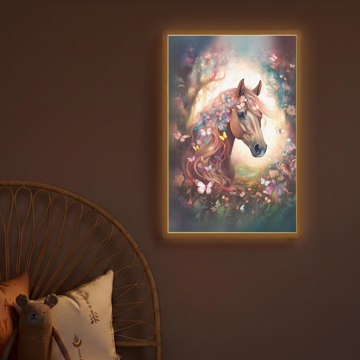 NÁSTĚNNÁ LAMPA S AKUMULÁTOREM Kůň - Příroda - Květiny - Motýli - Les 40x60 cm - tmavě hnědá, kompozitní dřevo (40/60/8cm) - OnlyWow