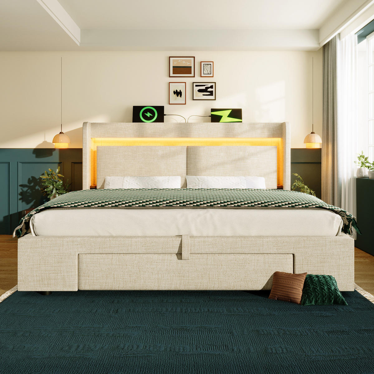 POLSTERBETT 140/200 cm Beige aus Leinen mit LED und Stauraum - Beige, Textil (140/200cm) - OKMYHOME