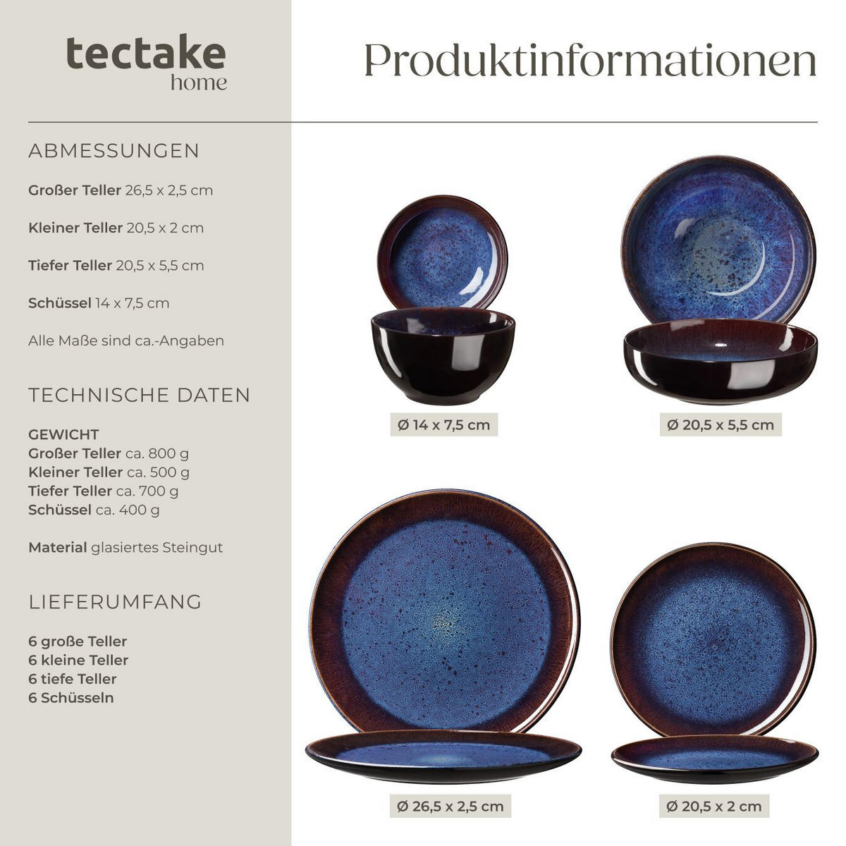 TAFELSERVICE Mare, ineinander stapelbar, blau/braun - Blau, Keramik (26.5/2.5/26.5cm) - tectake