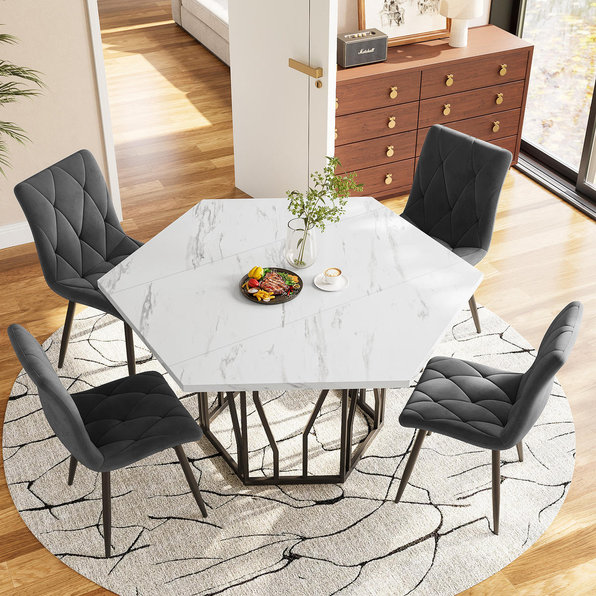 ESSTISCH 115x100x75 cm in Schwarz aus MDF mit Schwarz-Weiß Marmoroptik auf Metallgestell - Schwarz, Holzwerkstoff (100/115.5/75cm) - Modfu