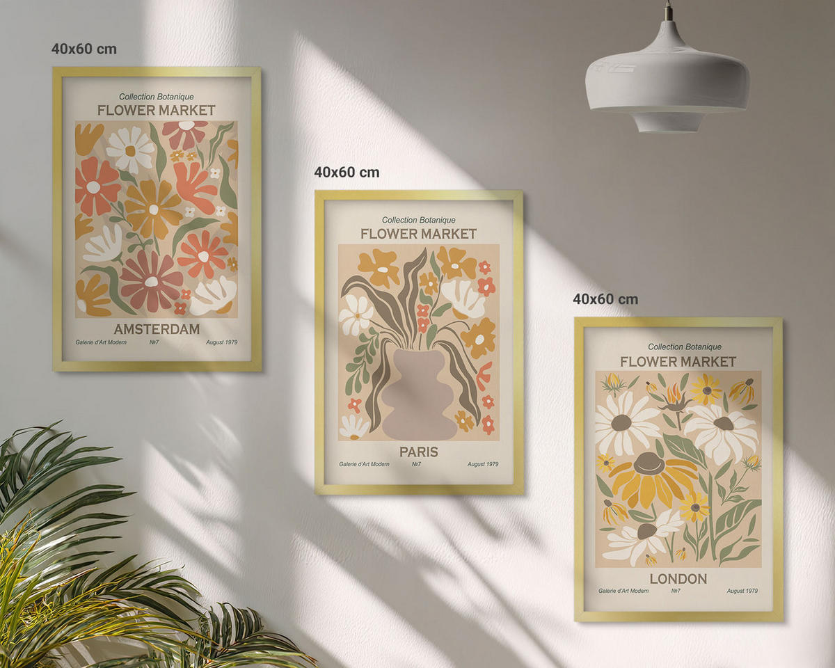 BILDER SET 3er Set - 40x60 cm Goldrahmen - Blumenmuster Amsterdam Paris London - Goldfarben, Kunststoff (40/60cm) - TULUP