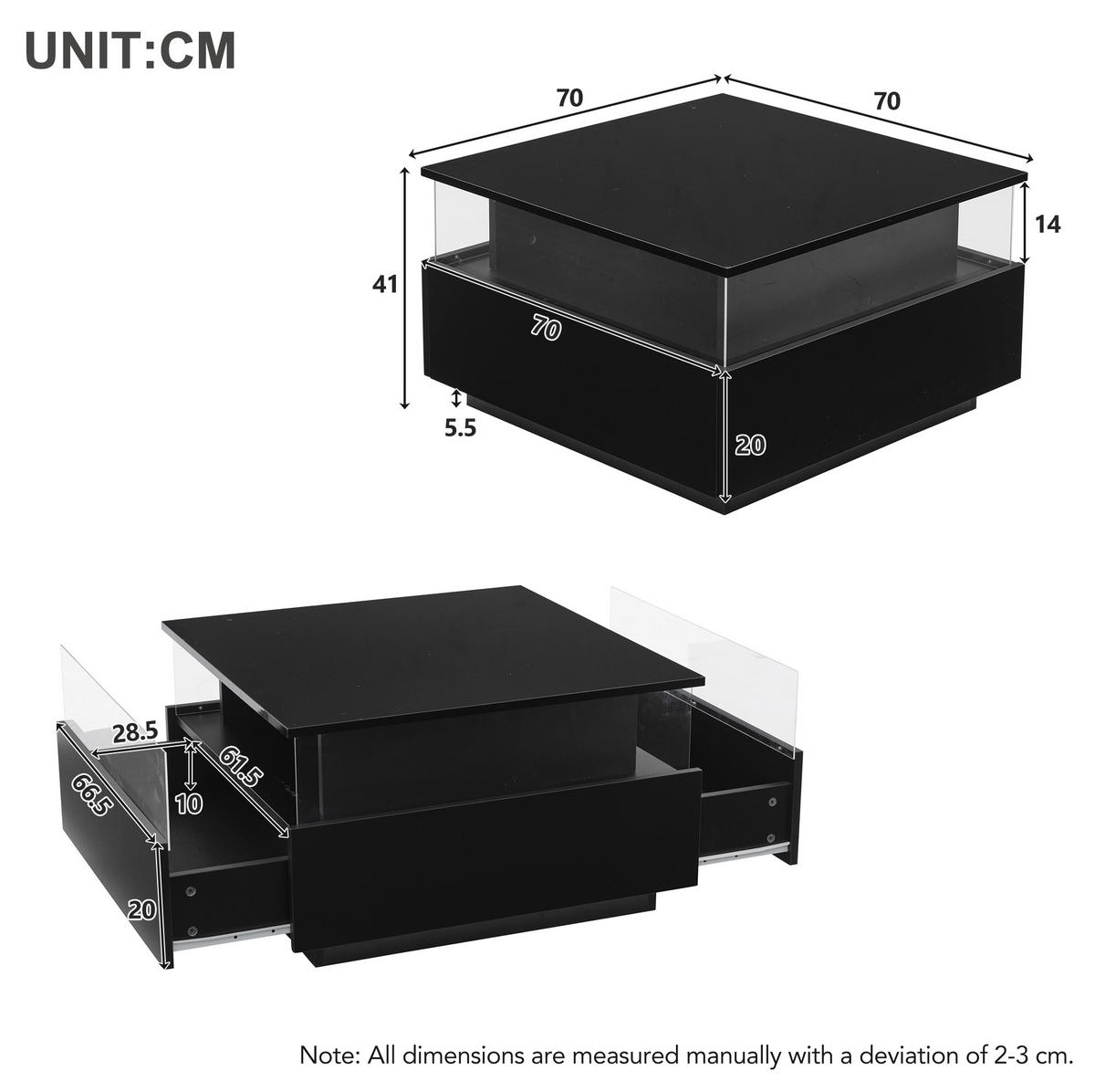 COUCHTISCH, Hochglanz Schwarz mit LED, 2 Schubladen und transparentem Präsentationsbereich, 70/70/41 cm,Schwarz - Schwarz, Holzwerkstoff (70/70/41cm) - Redom