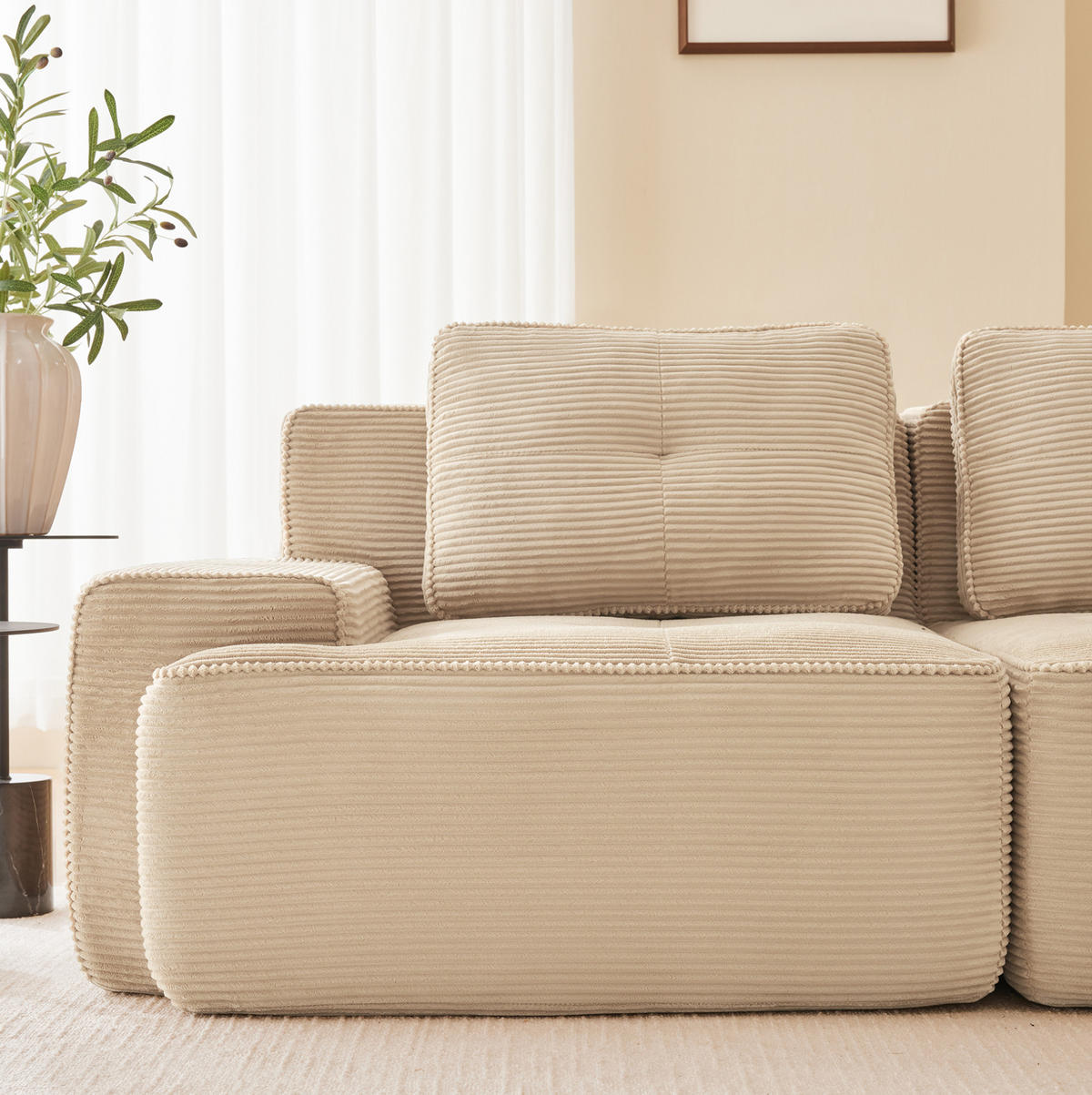 ECKSOFA aus Cord in Beige mit Tiefsitz & boneless Design - Beige, Textil (177/204cm) - Modfu