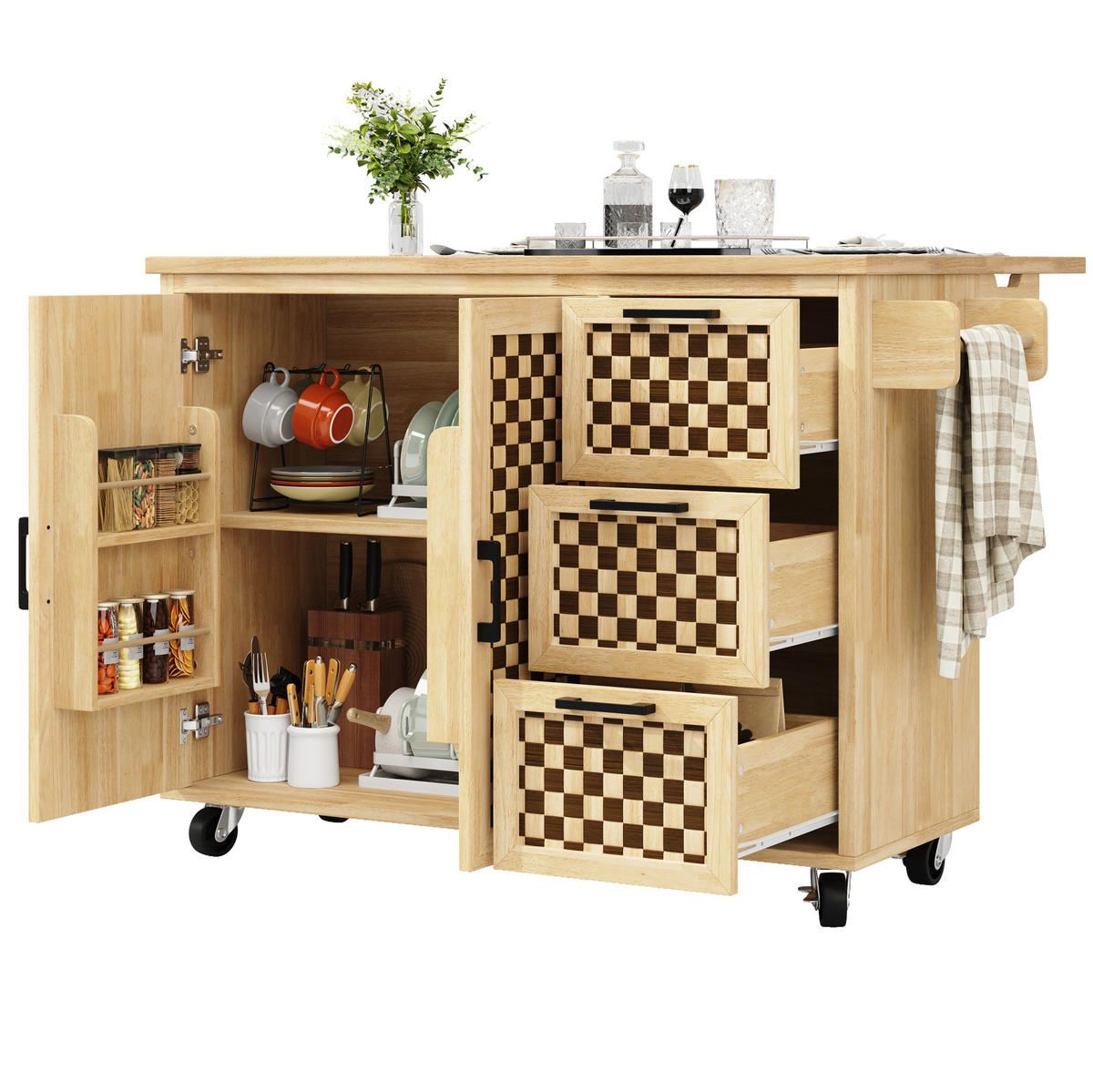 KÜCHENINSEL 120/45-75/92 cm natur mit klappbarer Tischplatte und Rollen - Naturfarben, Holzwerkstoff (120/92/45cm) - OKWISH