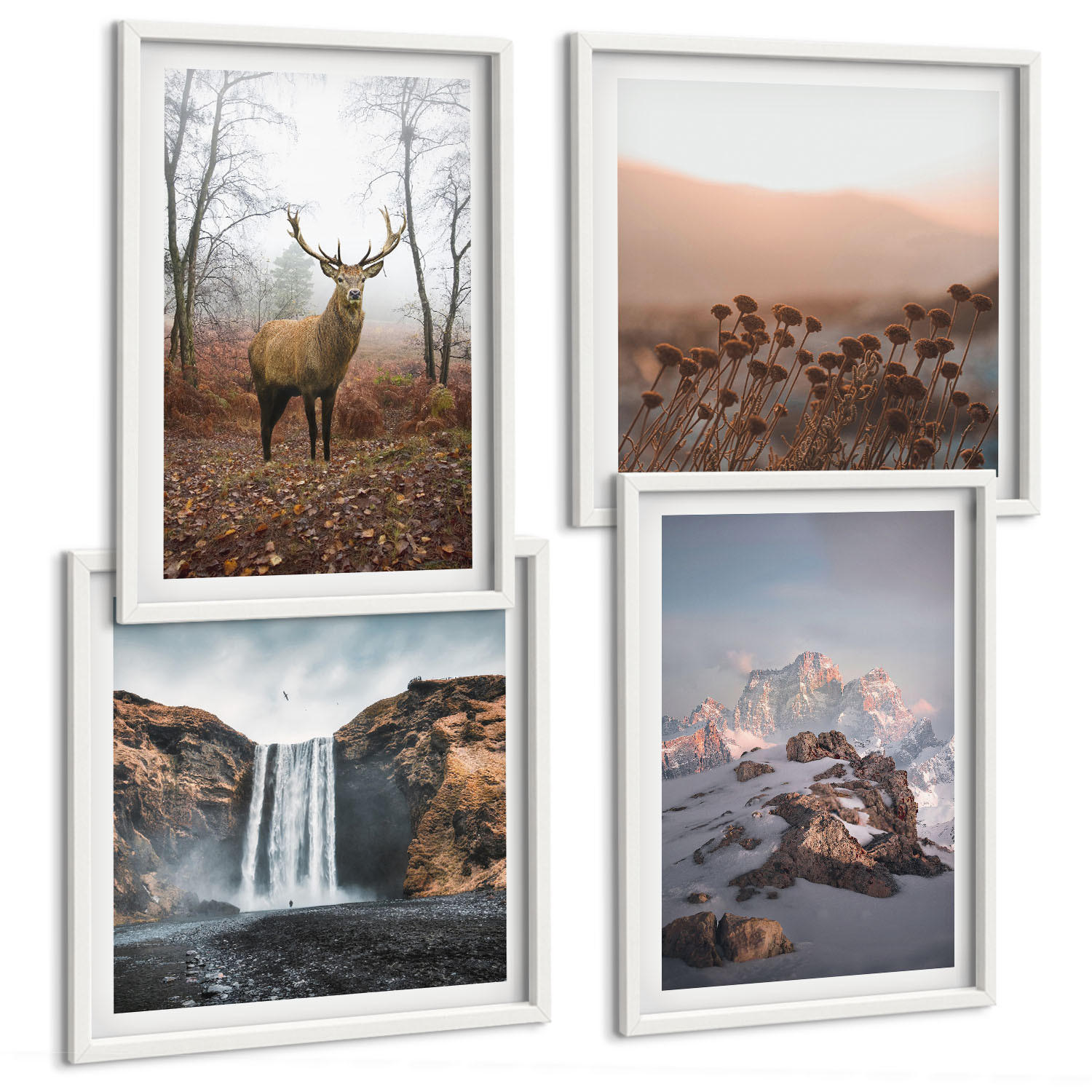 BILDER SET 4er Set - 50x50 cm & 40x60 cm Weißer Rahmen - Wilde Landschaften, Berge, Hirsche - Weiß, Kunststoff (50/50cm) - TULUP