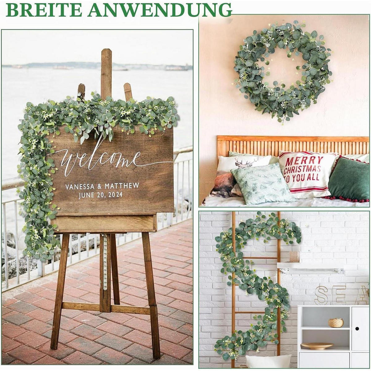 GIRLANDE Eukalyptus 4-teiliges Set 1,8 m Grün mit Weißen Blüten - Grün, Kunststoff (1cm)