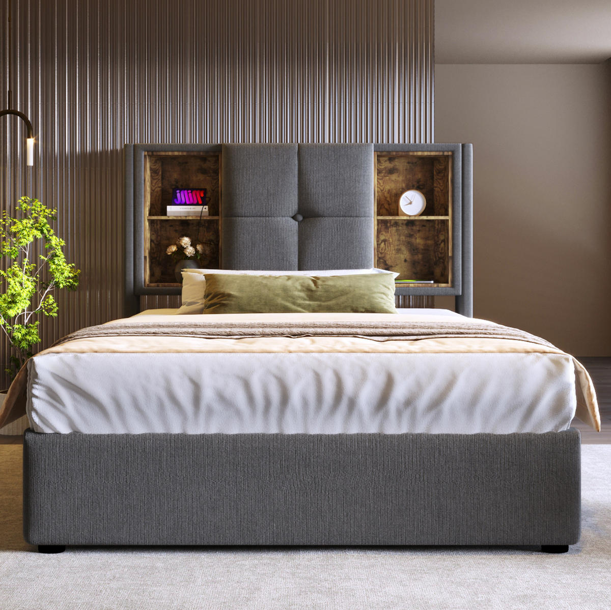 POLSTERBETT aus Baumwolle 90x200 cm Grau mit Bettkasten, kabellosem Laden, USB und USB-C - Grau, Textil (90/200cm) - IVMEU