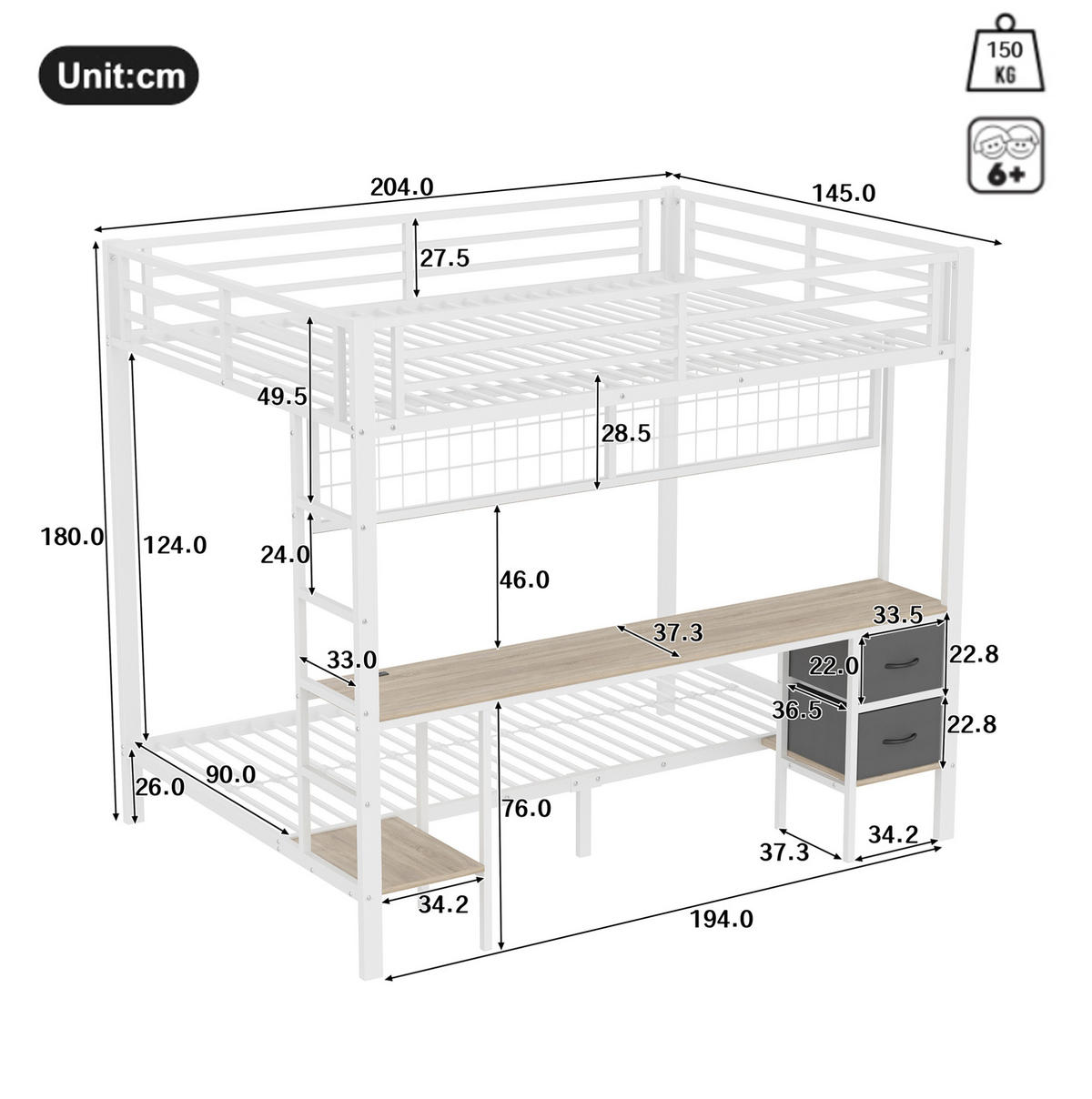 HOCHBETT aus Metall 140x200 cm Weiß mit Schreibtisch, Schubladen, Regalen, Hängegitter, LED-Leiste und USB-Anschluss - Weiß, Metall (90/200cm) - Modfu