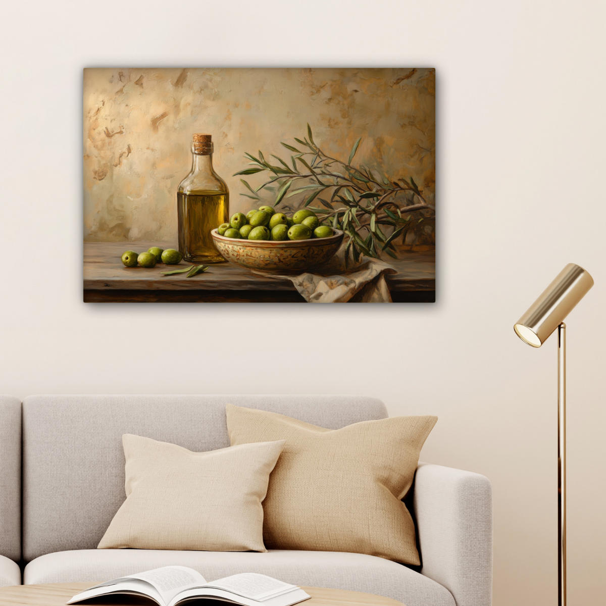 LEINWANDBILD Oliven - Stilleben - Vintage Gemälde 60x40 cm - Olivgrün, Textil (60/40cm) - MuchoWow