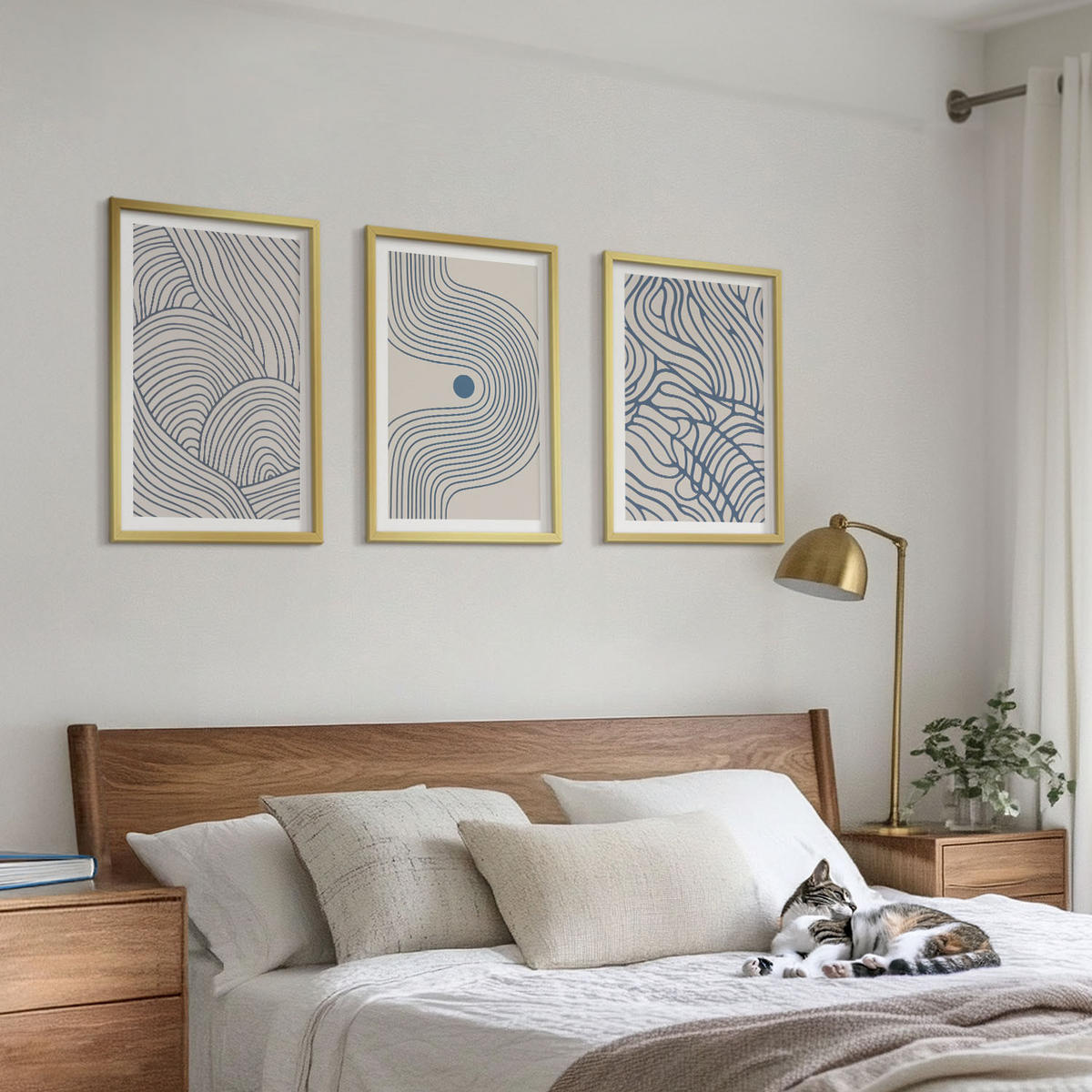 BILDER SET 3er Set - 40x60 cm Goldrahmen - Abstrakte Linien, Wellenformen - Goldfarben, Kunststoff (40/60cm) - TULUP