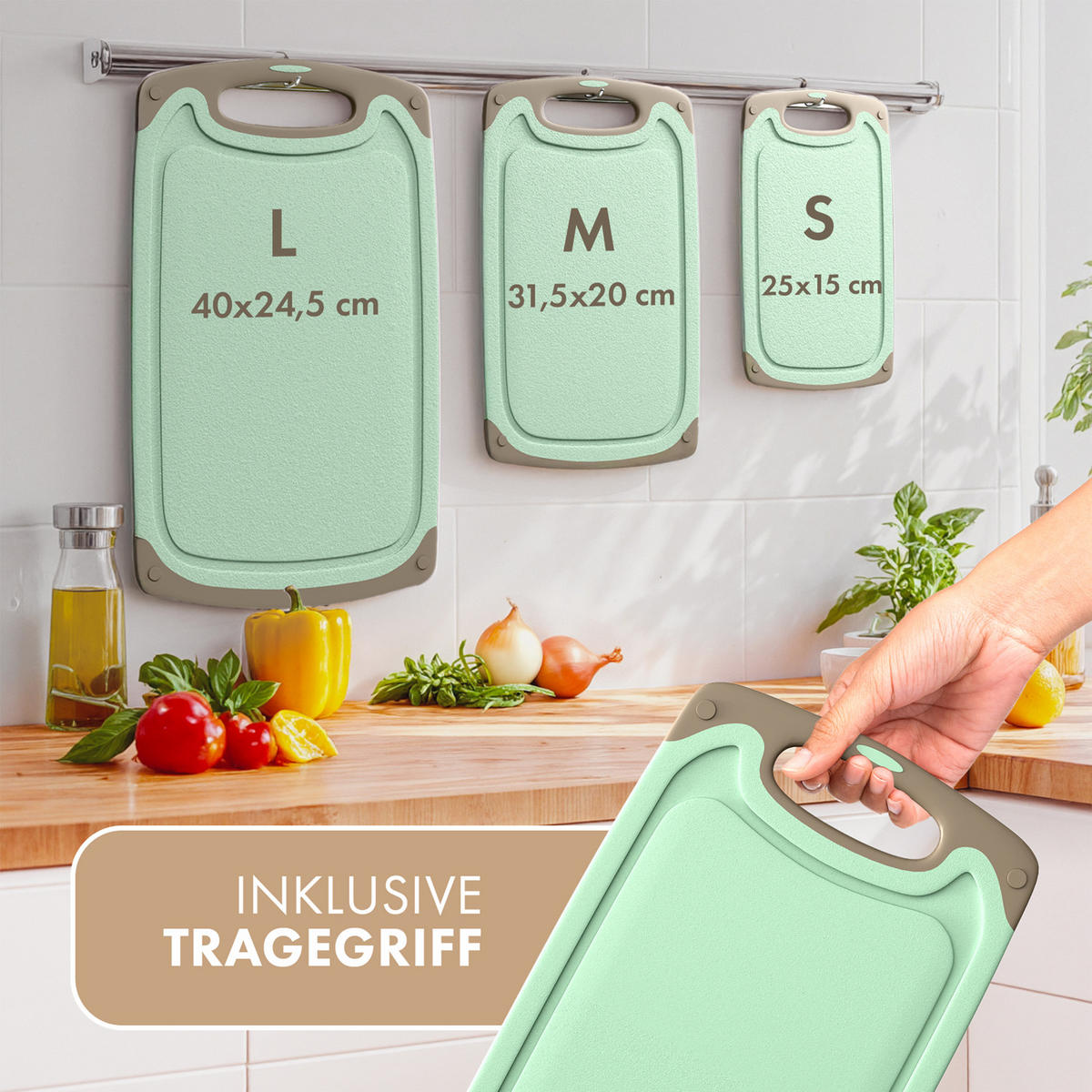 SCHNEIDEBRETT 3er Set Grün - Grün, Kunststoff (25/0.75cm) - Blumtal