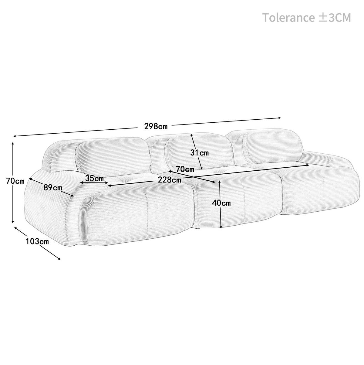 ECKSOFA modular, rahmenlos mit ergonomischen Armlehnen und rutschfester Unterseite, Grau - Grau, Textil (298/103cm) - Redom