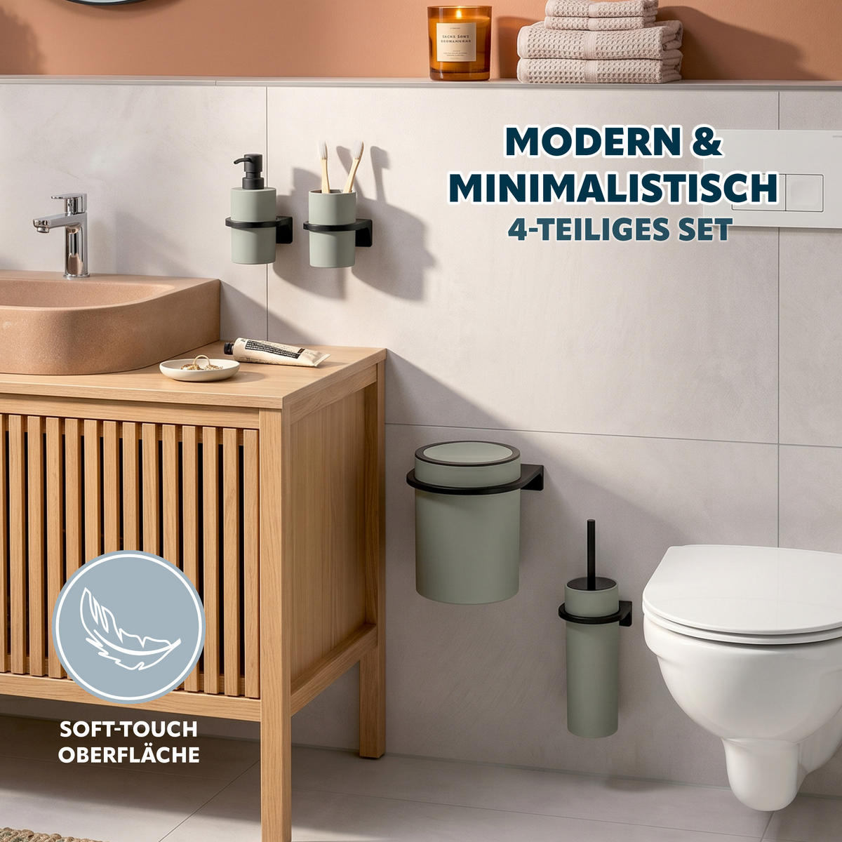 BAD-ACCESSOIRES-SET (4er-Set) SAVONA, Soft-Touch, salbeigrün - Salbeigrün, Kunststoff (19/24.5/19cm) - bremermann