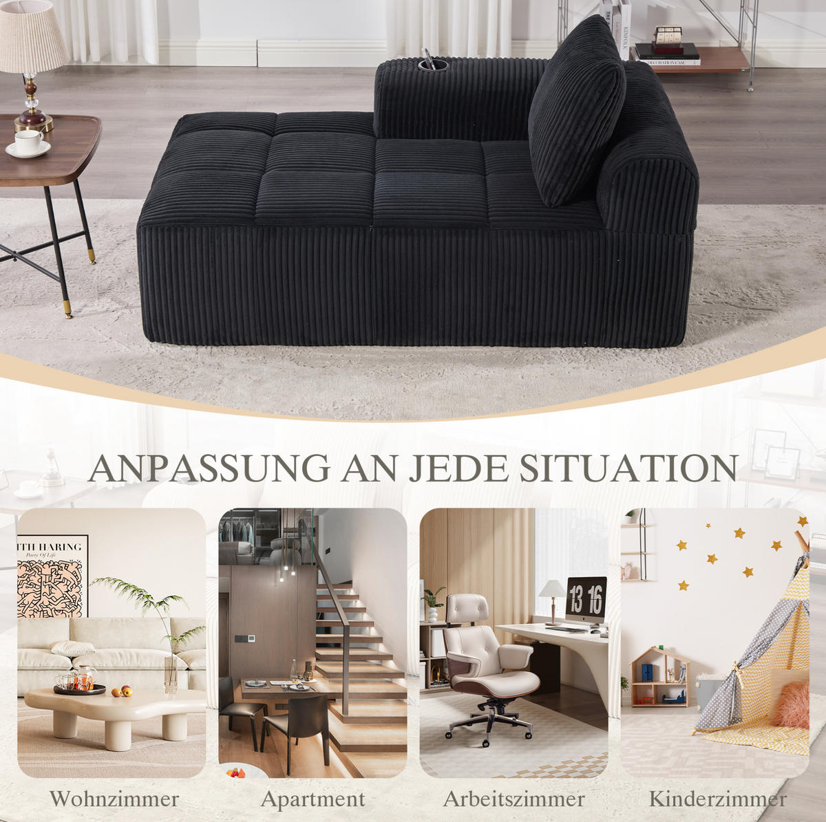 SOFA Cord mit Seitenfächern und Becherhaltern 158/93/61 cm Schwarz - Schwarz, Textil (93/61/158cm) - Redom