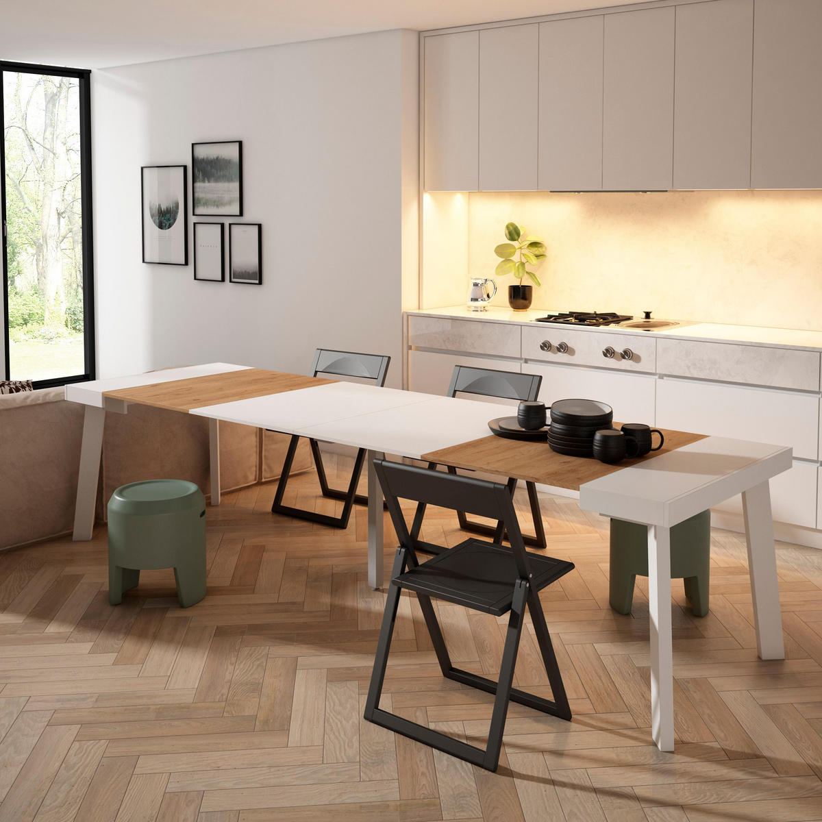 KONSOLENTISCH ausziehbar 58 bis 302cm, für 14 Gäste, eiche weiß, 90/58/73cm - Eichefarben/Weiß, Holzwerkstoff (90/302/73cm) - Skraut Home