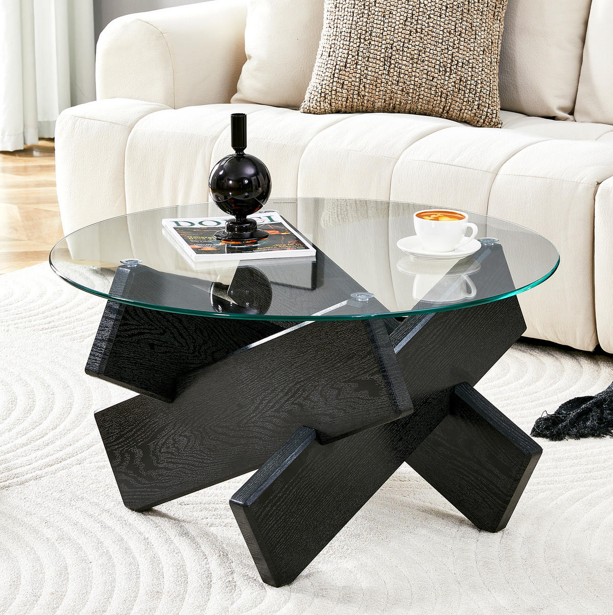 COUCHTISCH 79 cm aus Glas und MDF mit kreuzförmigem Gestell - Schwarz, Holzwerkstoff (79/79/45cm) - BEAOK