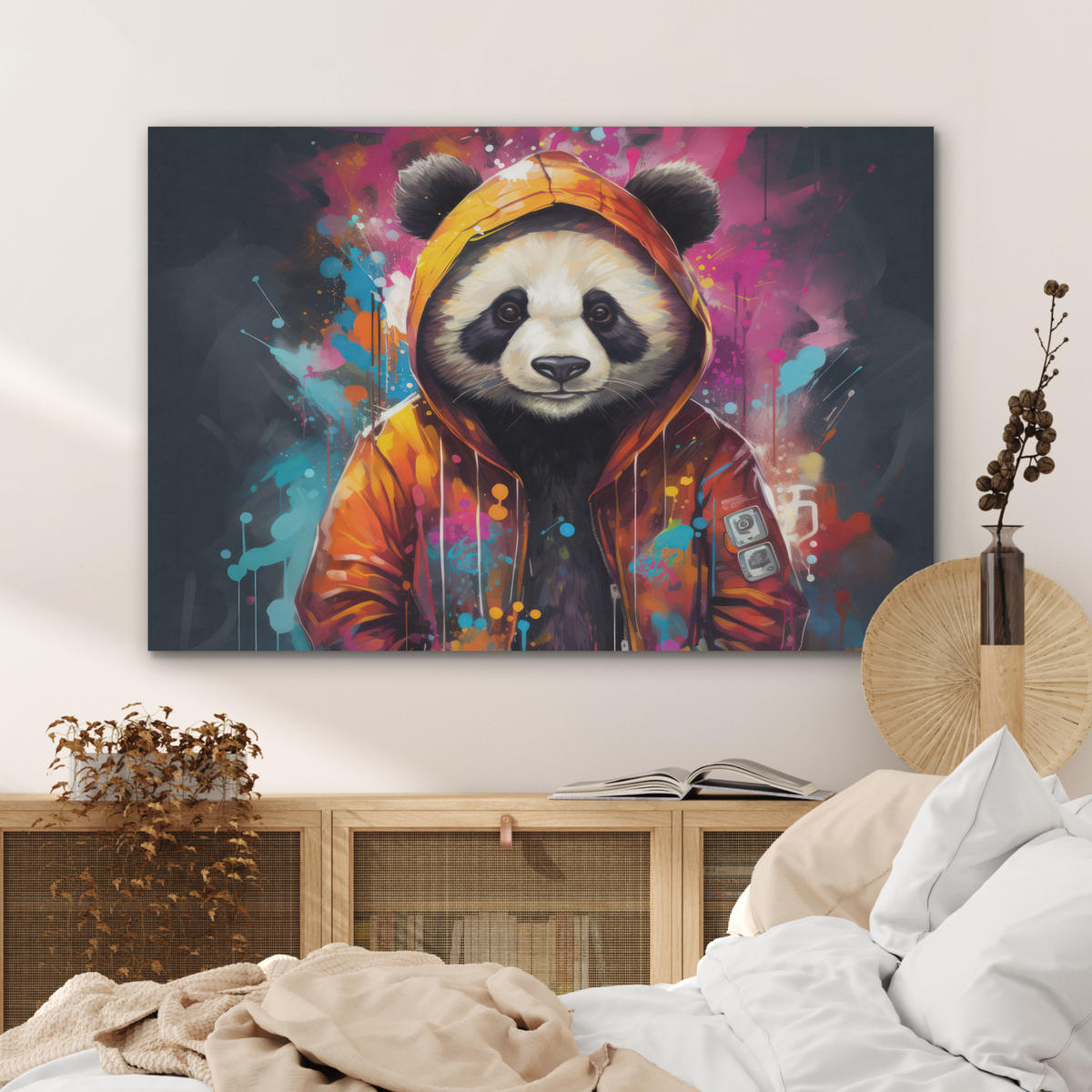 AKUSTIKPANEEL Panda - Jacke - Graffiti - Orange 100x70 cm - Orange, Textil (100/0.9/70cm) - MuchoWow