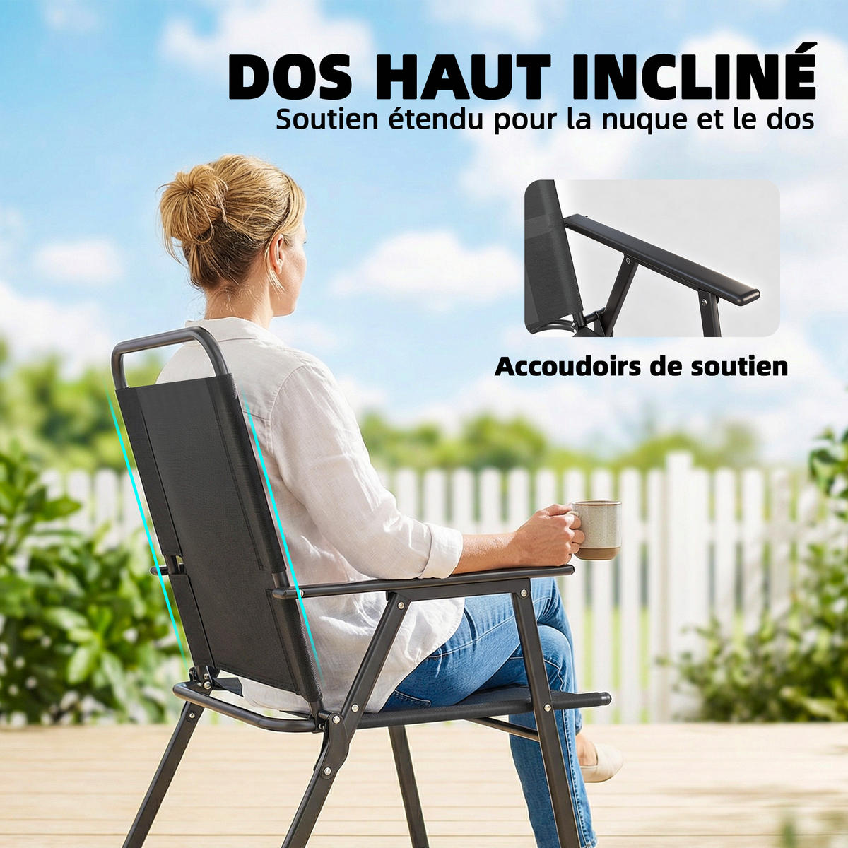 GARTENSTUHL DE-17796 4er Set klappbar mit Armlehnen Schwarz - Schwarz, Metall (60/94/65cm) - ComfortXL