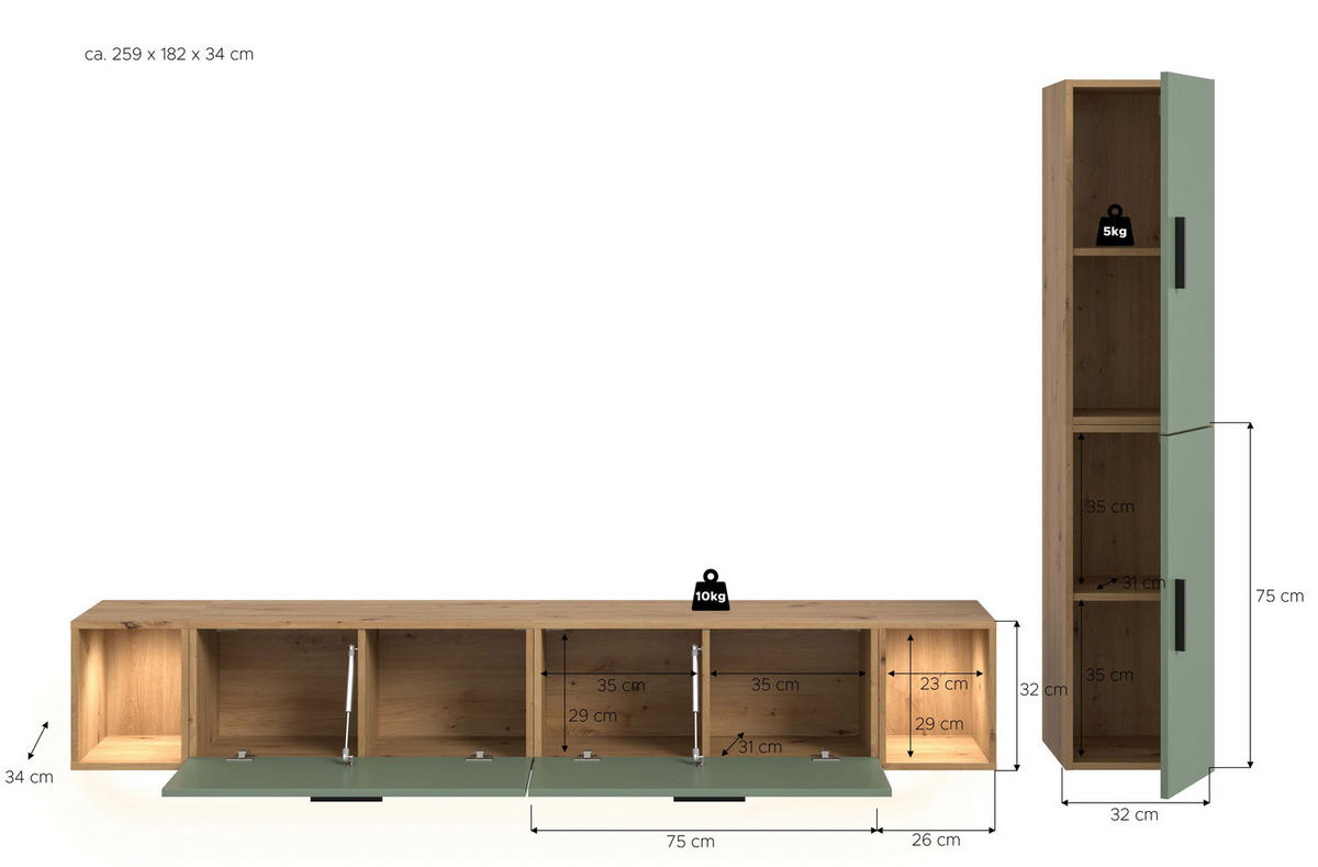 WOHNWAND INKL BELEUCHTUNG The One Smoke Green 259/34/182 cm - Braun, Holzwerkstoff (259/182/34cm) - Xonox